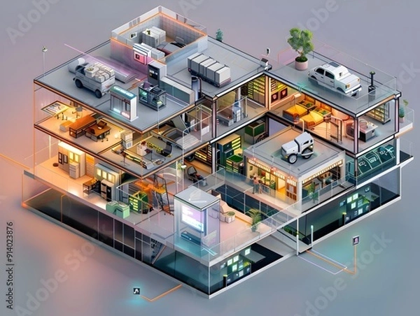 Fototapeta Detailed 3D Cutaway Isometric of Delivery Service Headquarters with Technical Diagrams and Color Coded Zones