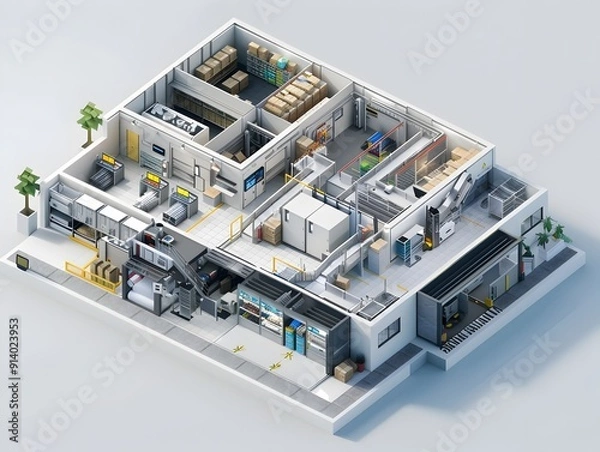 Obraz Generative Isometric 3D Cutaway View of a Delivery Service Headquarters with Technical Diagrams and Color Coded Zones