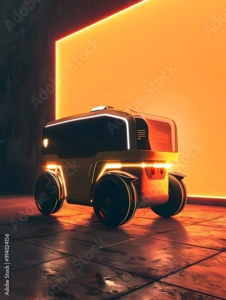 Fototapeta Futuristic Delivery Robot with Metallic Finish and Glowing Accents in Minimalist Bauhaus Style
