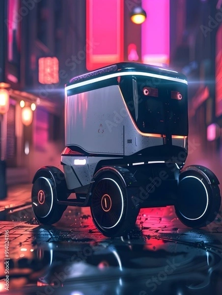 Fototapeta Futuristic Autonomous Delivery Robot with Minimalist Metallic Design and Glowing Accents