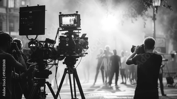 Obraz Black and white image of a film crew working on a city street, shooting a scene with a group of actors. The image captures the energy and excitement of filmmaking