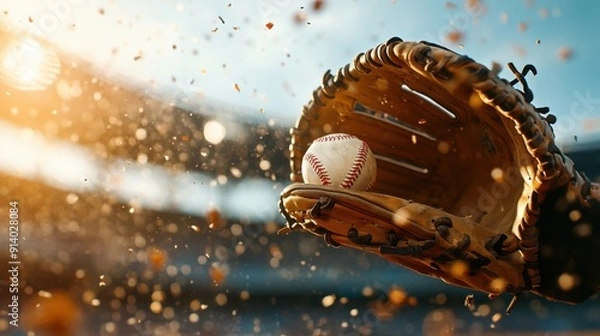 Fototapeta A close-up view of a baseball glove catching a ball mid-flight, with a well-worn leather glove and a ball in sharp focus. The background features a blurred baseball field
