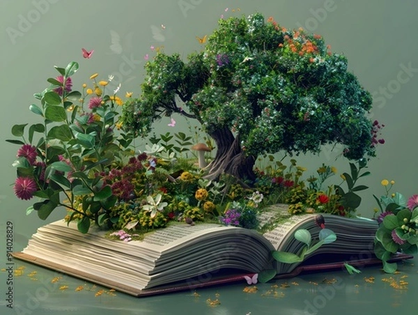 Obraz Textbook Pages Blossoming into a Vibrant Untamed Forest Illustrating the Power of Knowledge to Inspire Environmental Stewardship