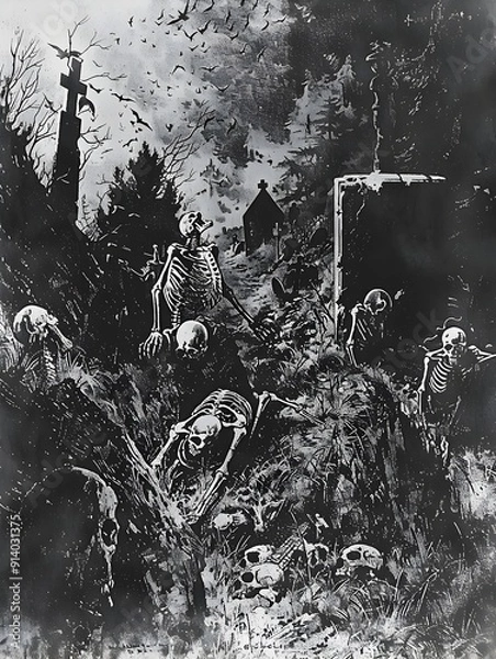 Obraz Skeletal Zombies Clawing Out of Eerie Foggy Cemetery in Grim Macabre