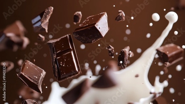 Fototapeta Broken chocolate pieces suspended in mid-air with milk splashes, capturing a mouth-watering moment.