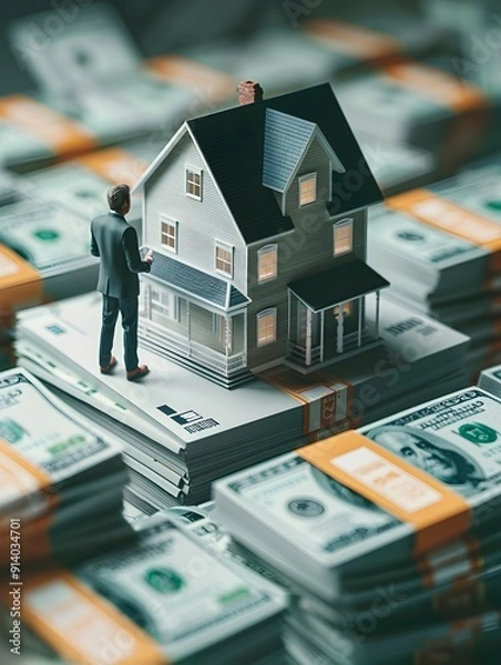 Obraz Businessman Examining House Model Amidst Stacks of Dollar Bills for Homeownership Investment