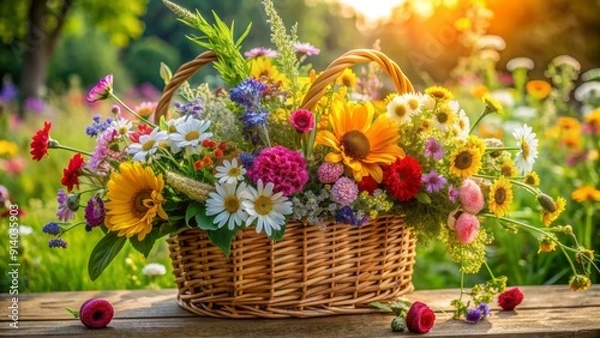 Fototapeta Vibrant bouquet of freshly cut flowers arranged in a wicker basket, surrounded by lush greenery, blooming wildflowers, and rustic garden decor elements.
