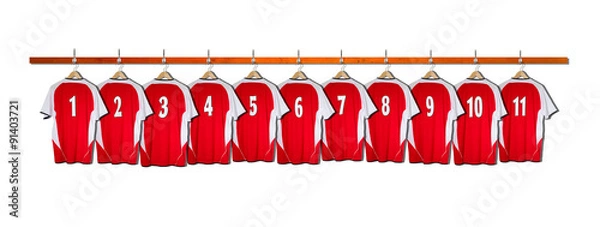 Obraz Row of Red Football Shirts hanging on wall