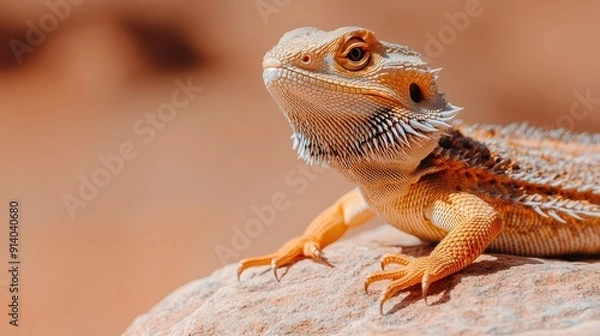 Fototapeta Close-Up of a Bearded Dragon Lizard on a Rock in a Desert Environment with Warm Tones and Detailed Texture