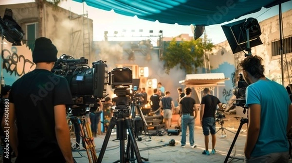 Obraz Busy crew filming a movie scene outdoors, with lights, cameras, and teamwork creating cinematic magic
