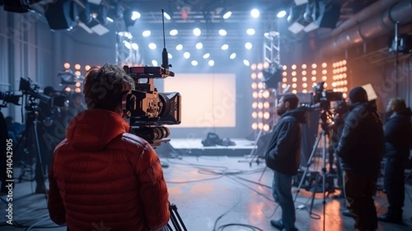 Obraz Group of cameramen and technicians are working on a tv show set, surrounded by professional equipment. The stage is lit with warm lights