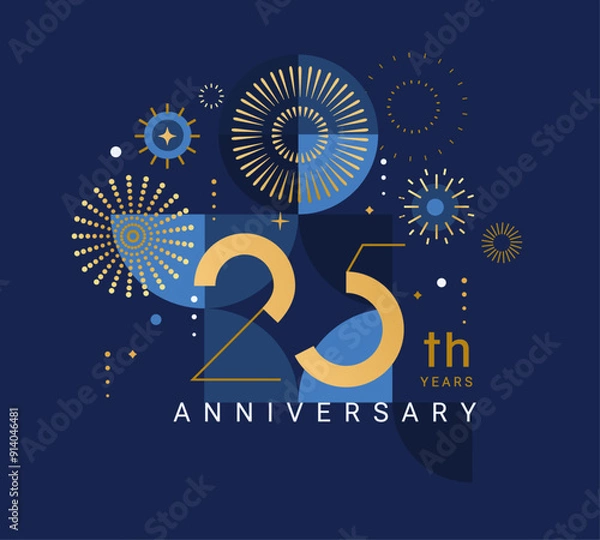 Fototapeta Anniversary 25, celebrating twenty five years,25th anniversary.Elegant card for event with abstract golden fireworks and golden numbers on blue background with geometric pattern.Vector illustration