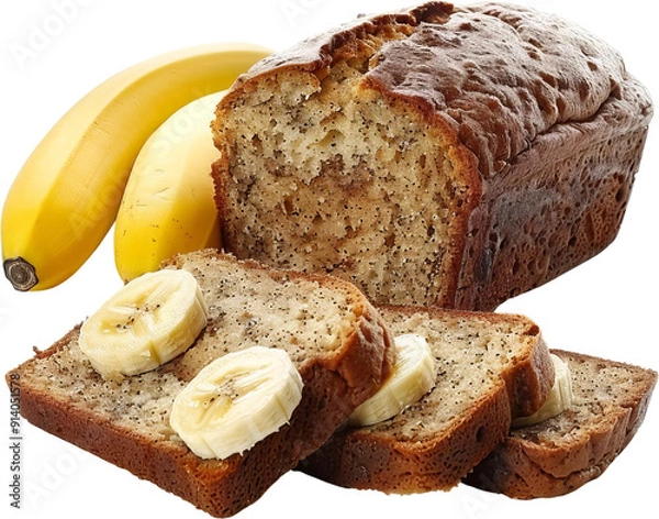 Obraz Freshly baked banana bread with slices and bananas. A delicious and healthy treat for any occasion.