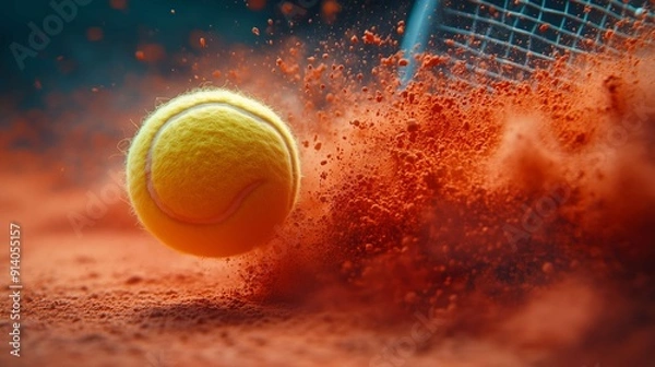 Obraz Tennis ball hits a clay court, creating a red dust explosion. Feel the power and speed of the game with flying particles and vibrant colors. Get close to the dynamic action