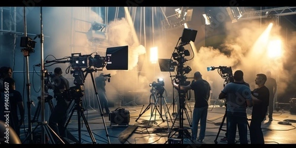 Obraz Busy film crew works on movie set, operating cameras under bright lights and smoke. Team collaborates creatively, adjusting equipment for perfect quality. Glimpse behind the scenes of cinema magic