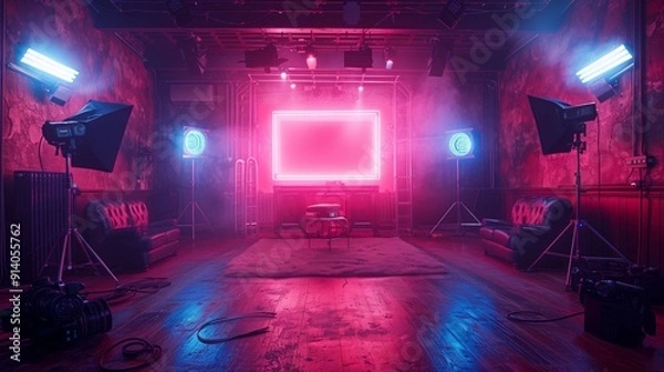 Obraz Empty streaming room is waiting for the content creators to start recording with professional equipment. The neon lights are glowing