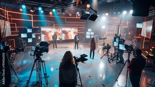 Fototapeta Group of cameramen and technicians are recording a tv show in a professional studio with neon lights, led walls and a lot of cameras