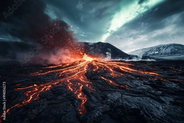 Obraz Witness the mesmerizing sight of molten lava flowing from an erupting volcano, set against the backdrop of the stunning aurora borealis lighting up the night sky in iceland