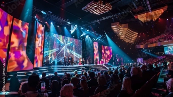 Obraz Award ceremony taking place on stage with a large led screen in the background, musicians on the left and the audience applauding