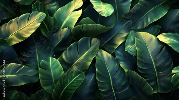 Fototapeta A close up of green leaves with a yellowish tint