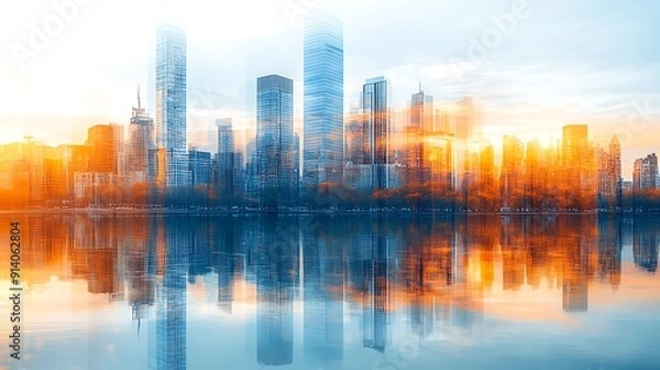 Fototapeta Captivating Cityscape at Dusk: Modern Skyscrapers Reflecting Vibrant Lights Amidst a Rainy Atmosphere
