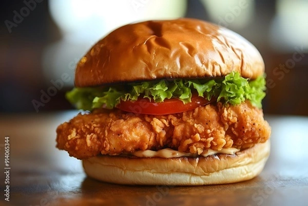 Fototapeta A delicious and freshly made chicken sandwich with tomato, lettuce and a tasty sauce