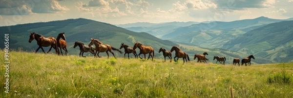 Fototapeta A herd of wild mustang horses gallop on a beautiful green hill in the mountains