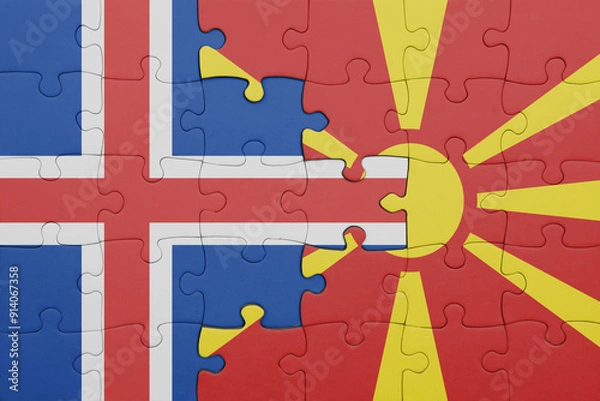 Fototapeta puzzle with the colourful national flag of macedonia and flag of iceland .