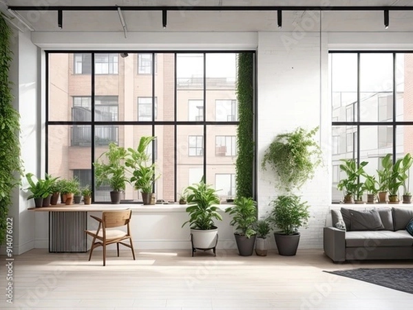 Obraz Large windows, plants, and a blank poster frame for mockups on a brick wall characterize this contemporary apartment. Artificial Intelligence