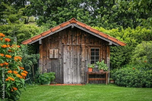 Fototapeta Wooden outhouse with a tiled roof and fresh green lawn in front
