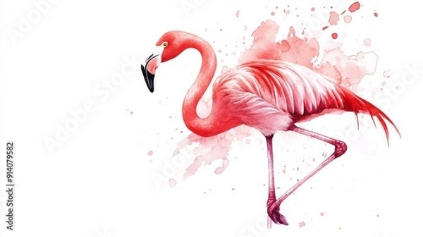 Fototapeta 3D Watercolor Pink Flamingo with Bold Outlines -  Stock Image