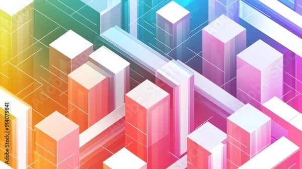 Fototapeta Colorful Abstract Cityscape with Geometric Skyscrapers and Rainbow Gradient Background