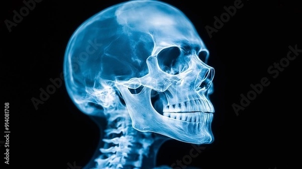 Fototapeta X-ray of a human skull, showcasing cranial bones and facial structure.