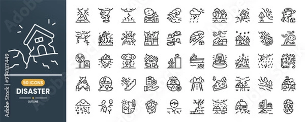 Fototapeta Disaster vector line icon set. Contains linear outline icons like volcano, hurricane, thunder, accident, wave, flood, earthquake, danger, tornado, storm, eruption, pollution. Editable use and stroke.