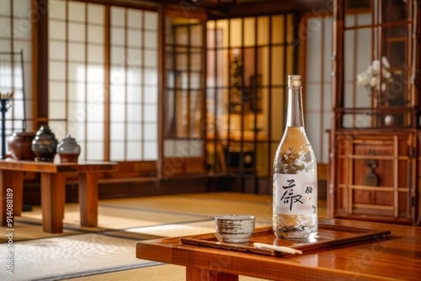 Fototapeta Traditional sake bottle with a decorative label, placed on a wooden table in a Japanese restaurant featuring traditional elements such as paper lanterns and wooden beams