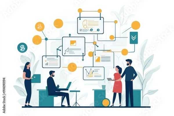 Fototapeta Team Collaboration in Flow Chart Analysis Meeting | Minimalist Flat Illustration Concept for Project Phases Discussion