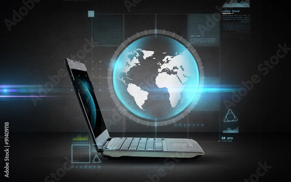 Obraz open laptop computer with globe projection