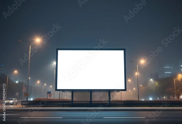 Obraz Advertising billboard mock-up. A large blank billboard at night with street lights and a dark background