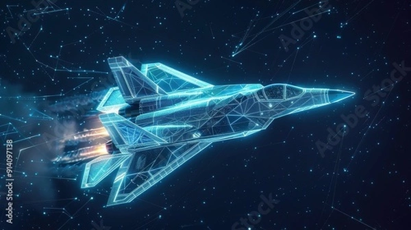 Fototapeta A hologram fighter. A military aircraft made of polygons, triangles of dots and lines. Fighter low-poly compound structure