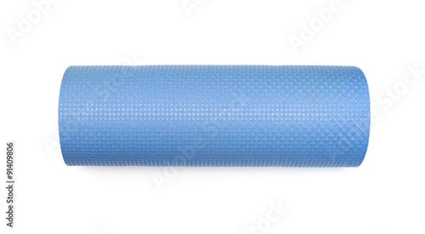 Obraz Blue yoga mat for exercise, isolated on white background.