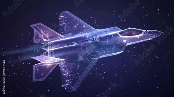 Fototapeta A hologram fighter. A military aircraft made of polygons, triangles of dots and lines. Fighter low-poly compound structure