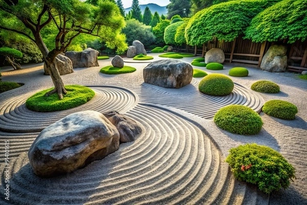 Fototapeta Serene Zen garden features intricate swirling patterns in the sand, surrounded by carefully placed stones and lush greenery, evoking a sense of peaceful contemplation.