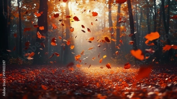 Fototapeta A forest with leaves falling from the trees