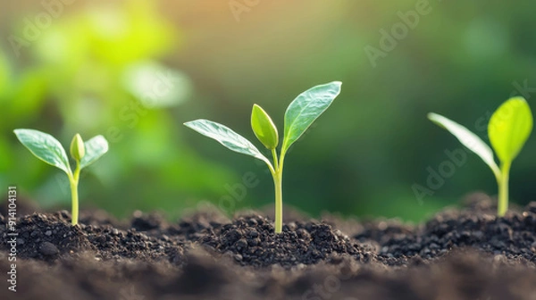 Fototapeta Young green seedlings growing in soil with blurred natural background, symbolizing new beginnings and growth in a healthy environment.