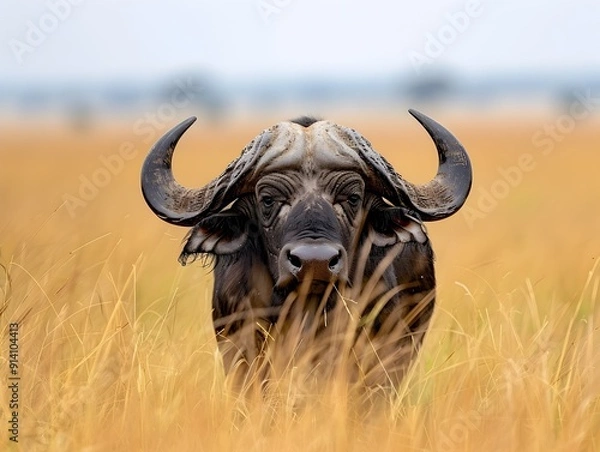 Fototapeta Powerful Buffalo Roaming Majestic Grasslands  Its Strong Build and Fur Emphasizing its Strength in Wildlife Portrait Concept with Copy Space
