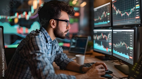 Fototapeta Trader studying social media for market trends, surrounded by screens displaying graphs and data.
