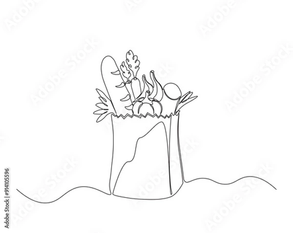 Obraz One continuous line drawing of grocery food bag with vegetables. vegetables in paperbag single line illustration.