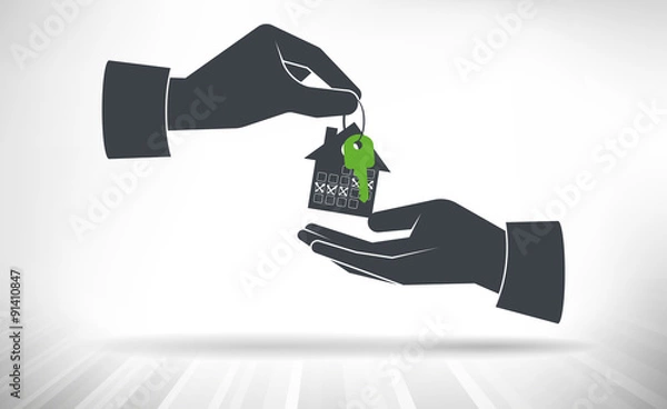 Fototapeta Hand giving house keys. House key with small house calendar key ring given from one hand to another