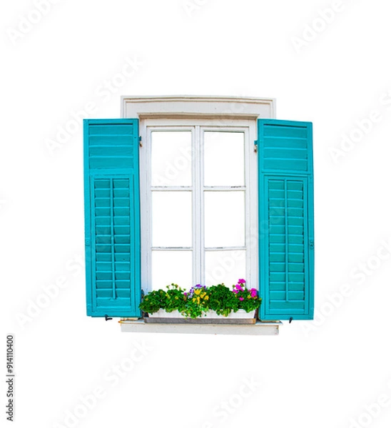 Fototapeta Open window with green wooden shutters, flowers on the window, isolate on white background 