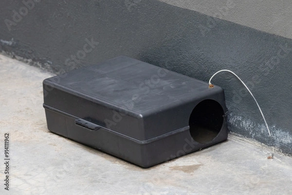 Obraz A black plastic rat trap on concrete floor. bait poison box for rat.